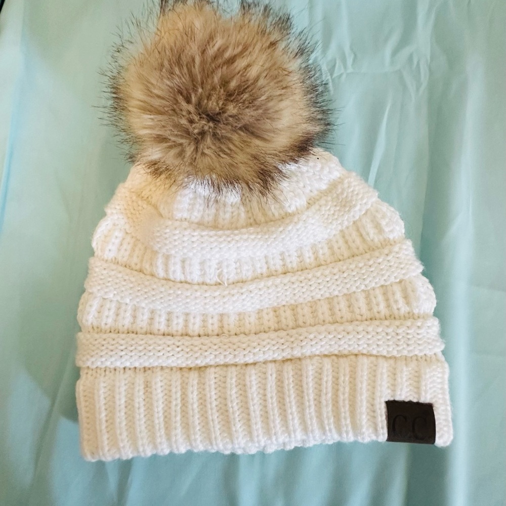 Cream C.C Knit Pom-Pom Beanie Hat -